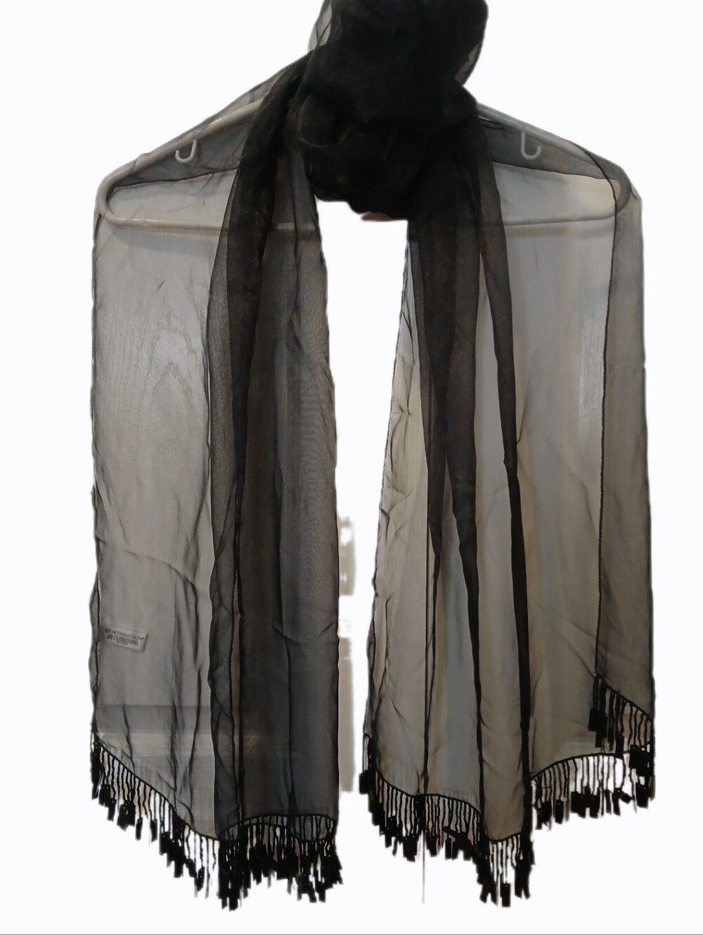 Black Sheer Fringe Scarf Beaded Tassel Worthington Polyester Lightweight Wrap